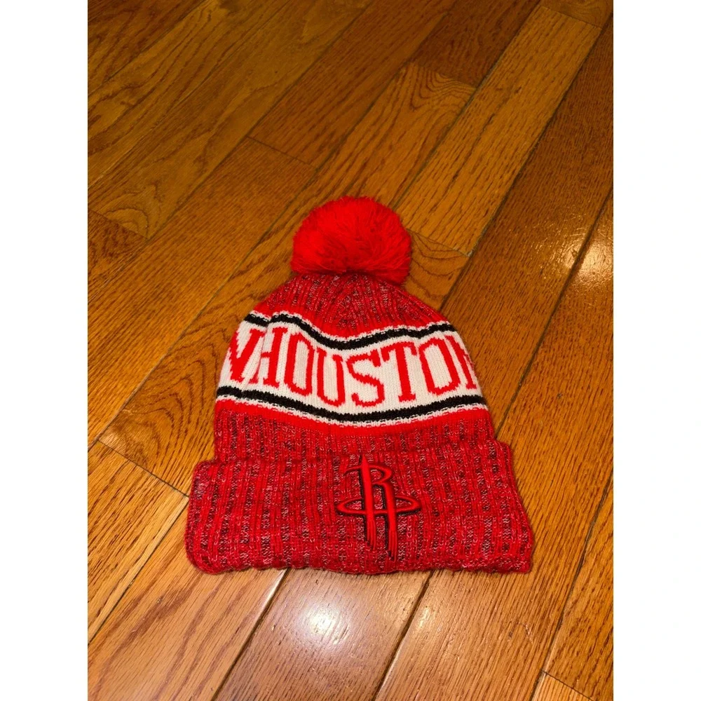 New Era Houston Rockets NBA Youth‎ Pom Beanie Red White Knit Fleece Lined Hat